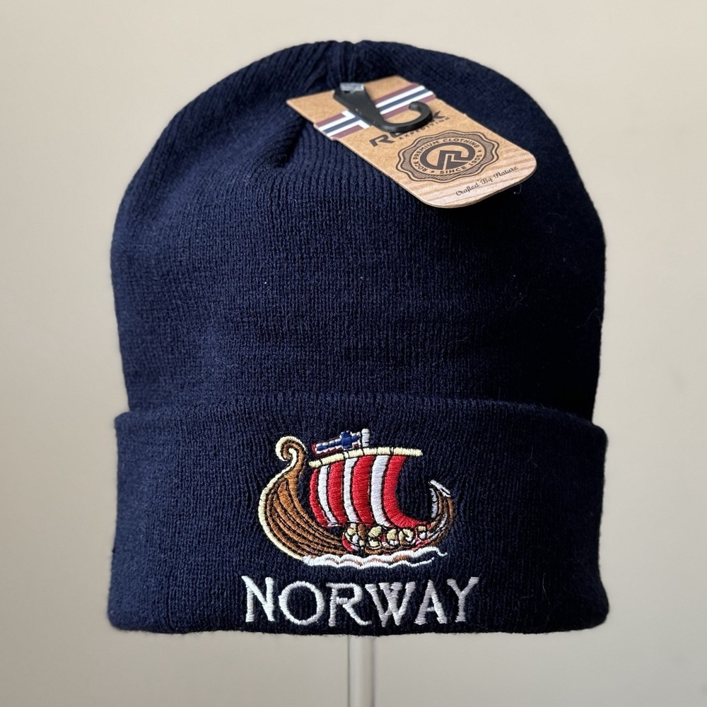 Norway Viking Ship Knit Beanie Hat Navy Blue Winter Cap NWT Unisex